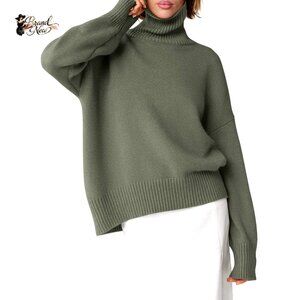 Oversized Turtleneck Sweater Pullover High Low Hem Chunky Knit